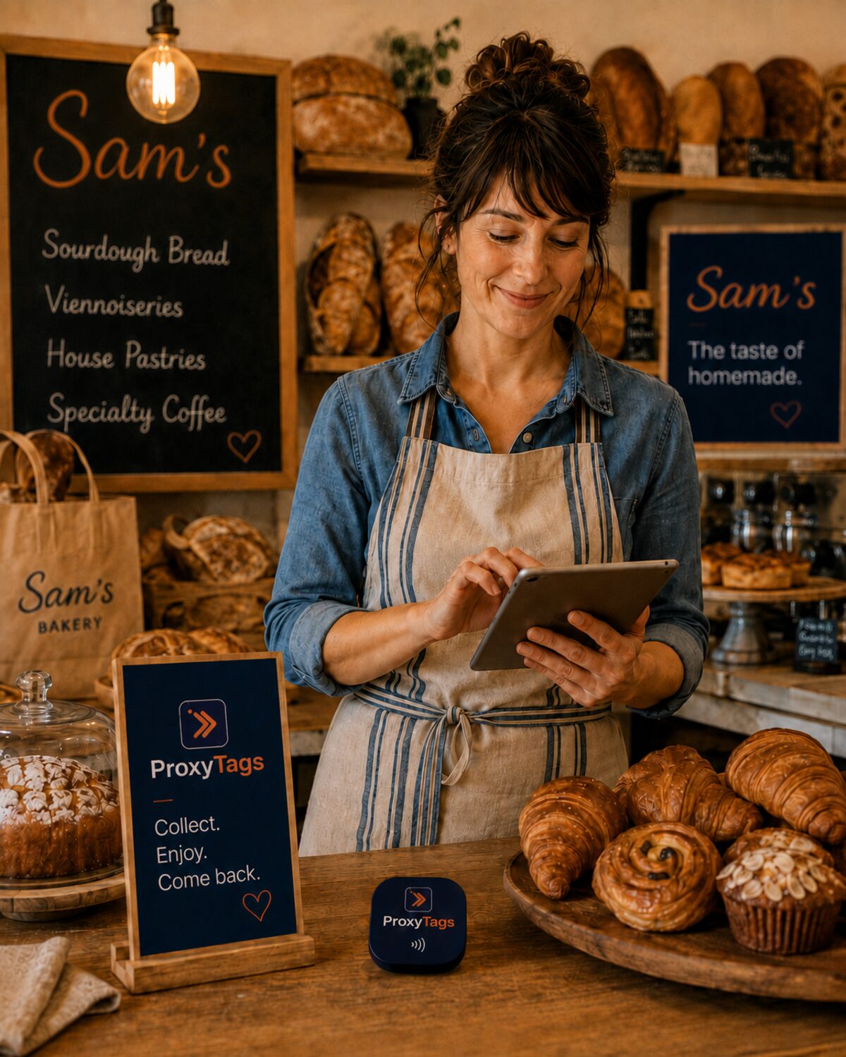 Sam at the register of his bakery, a ProxyTags tag sitting on the counter next to the pastries