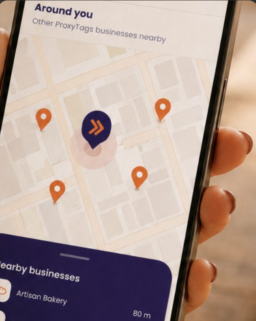 Le téléphone d'un client affiche les commerces ProxyTags à proximité, après avoir tapé chez un autre commerce du réseau