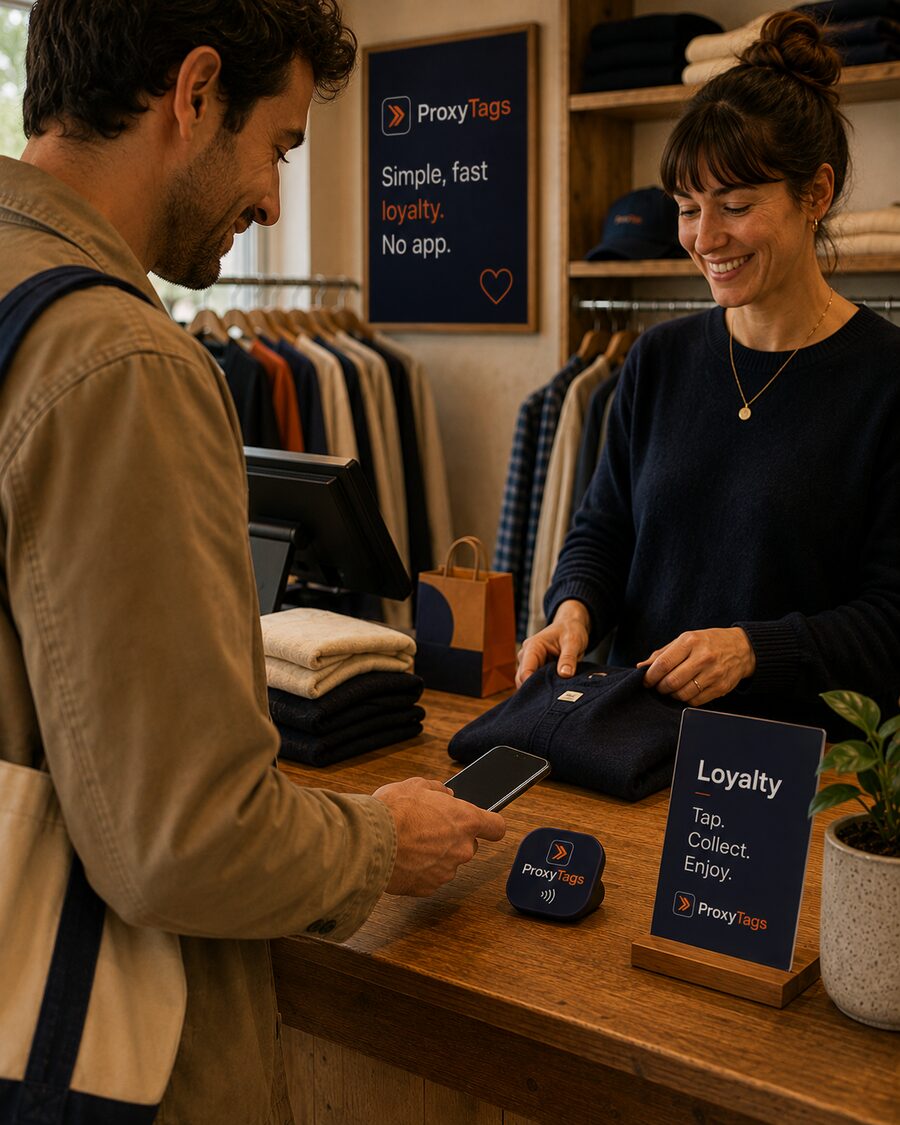 A customer tapping their phone at the register of a neighbourhood shop