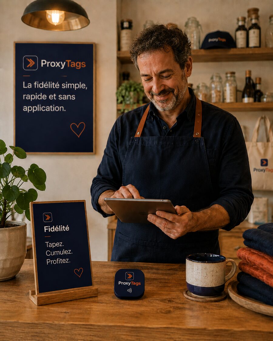 Sam derrière le comptoir de sa boulangerie-café, un tag ProxyTags près de la caisse