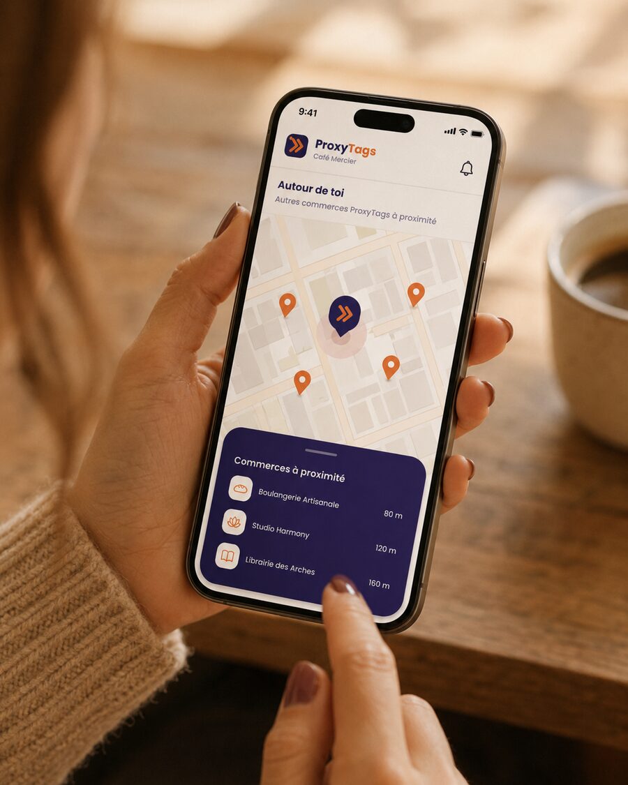 Une cliente découvre les commerces ProxyTags à proximité sur son téléphone