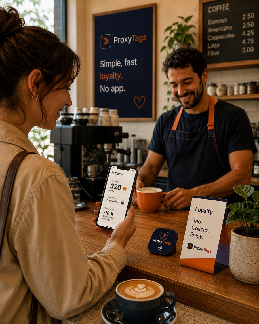 A customer checks their ProxyTags loyalty account on their phone, sitting in a café